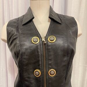 Elegant Black Leather Vest with Gold Button Details